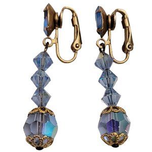 Blue AB Prong Set Navette Bead Dangle Clip-On Earrings E311